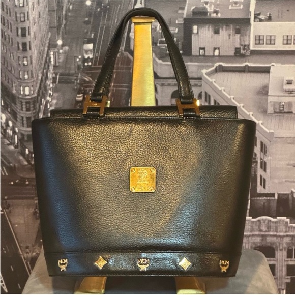 MCM Black Leather Flap Studed Bucket Tote
